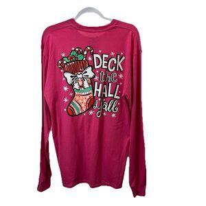 Southern Christmas Deck the Hall Yall Pink Long Sleeve Christmas Shirt Womens L